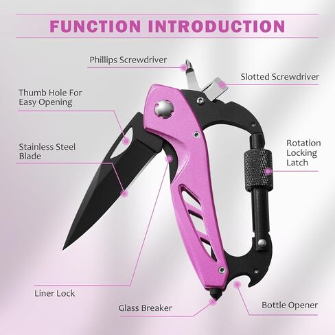 Pink Multitool Carabiner Knife for Women Men,Survival Gear for Camping Hiking，EDC Carabiners, 6-in-1 Multi Tools with Window Breaker, Bottle Opener and Screwdriver,Gifts for Women/Men (Pink) in Saudi Arabia