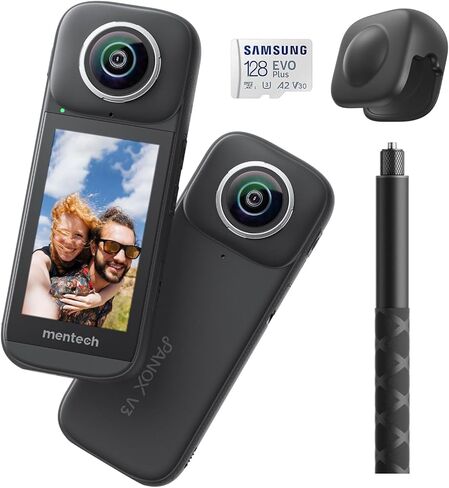 كاميرا PanoX V3 8K 360 مقاومة للماء، صورة 12K، تسجيل شاشة مقسمة، شاشة لمس 3 بوصات، تحرير AI، بث مباشر 4K، نظام تحديد المواقع المدمج، عصا سيلفي غير مرئية مع تثبيت، بطاقة 128 جيجابايت + حافظة in Kuwait