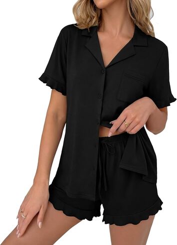 Ekouaer Pajamas Set for Women Button Down Pjs Lounge Sets Ruffle Short Sleeve Sleepwear Cute Loungewear in Saudi Arabia