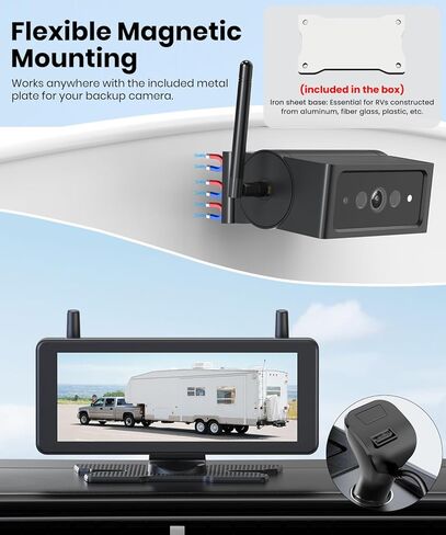 AUTO-VOX Magnetic Wireless Backup Camera Kit, 7.2" 1080P Split-Screen DVR Monitor with Dual Antenna & Night Vision, Includes Solar Panel for Continuous Charging, IP69K Waterproof for RV, Truck, Traile in Kuwait