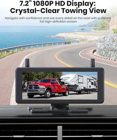 AUTO-VOX Magnetic Wireless Backup Camera Kit, 7.2" 1080P Split-Screen DVR Monitor with Dual Antenna & Night Vision, Includes Solar Panel for Continuous Charging, IP69K Waterproof for RV, Truck, Traile in Kuwait