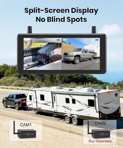 AUTO-VOX Magnetic Wireless Backup Camera Kit, 7.2" 1080P Split-Screen DVR Monitor with Dual Antenna & Night Vision, Includes Solar Panel for Continuous Charging, IP69K Waterproof for RV, Truck, Traile in Kuwait