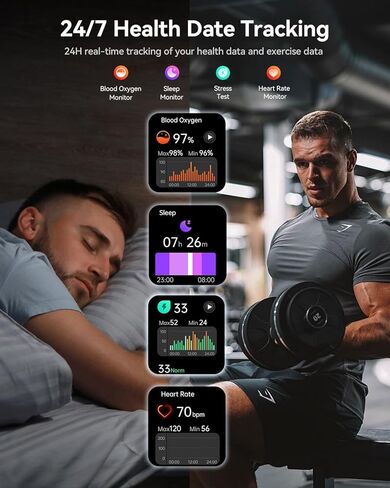 ساعة ذكية (الرد/إجراء مكالمة)، ساعة ذكية بشاشة AMOLED منحنية 2.1 بوصة للرجال والنساء، أكثر من 100 وضع رياضي لتتبع اللياقة البدنية، مراقب معدل ضربات القلب أثناء النوم، SpO2، متتبع نشاط IP68، متوافق مع Android وiOS in Kuwait