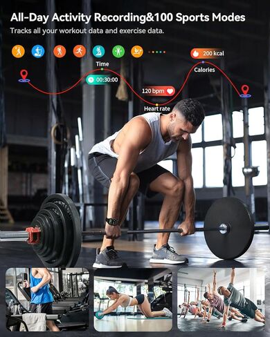 ساعة ذكية (الرد/إجراء مكالمة)، ساعة ذكية بشاشة AMOLED منحنية 2.1 بوصة للرجال والنساء، أكثر من 100 وضع رياضي لتتبع اللياقة البدنية، مراقب معدل ضربات القلب أثناء النوم، SpO2، متتبع نشاط IP68، متوافق مع Android وiOS in Kuwait