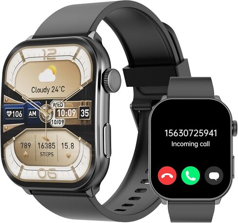 ساعة ذكية (الرد/إجراء مكالمة)، ساعة ذكية بشاشة AMOLED منحنية 2.1 بوصة للرجال والنساء، أكثر من 100 وضع رياضي لتتبع اللياقة البدنية، مراقب معدل ضربات القلب أثناء النوم، SpO2، متتبع نشاط IP68، متوافق مع Android وiOS in Kuwait