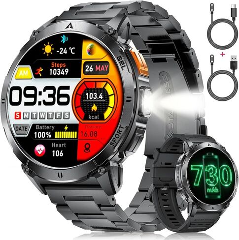 Military Smart Watches for Men, Smartwatch with 730mAh/1.62" AMOLED Screen/Flashlight/Heart Rate/Sleep/Calling/110+ Sports Mode, Rugged Men's Fitness Tracker Watch for Android iOS,Black in Saudi Arabia