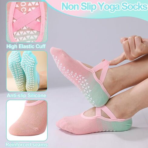 Jspupifip 6 Pairs Pilates Socks for Women Non-Slip Grip & Straps, Gradient Color Cotton Yoga Socks for Pilates, Barre, Barefoot, Dance, Home Workout in Saudi Arabia