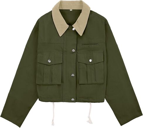 سترة نسائية WOWULOVELY مقصوصة بياقة متباينة معطف متعدد الاستخدامات بأزرار سفلية خفيفة الوزن سترة شحن خارجية مع جيوب in Kuwait