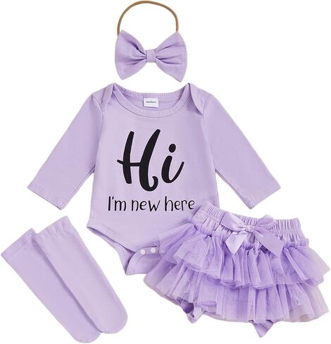 Userdefined Newborn Baby Girl Clothes Im New Here Letter Romper Onesie Tulle Skirt Shorts Socks Set Coming Home Outfit in Saudi Arabia