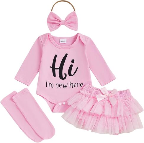 Userdefined Newborn Baby Girl Clothes Im New Here Letter Romper Onesie Tulle Skirt Shorts Socks Set Coming Home Outfit in Saudi Arabia