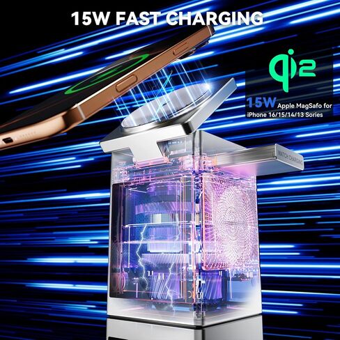 محطة شحن لاسلكية 3 في 1 شاشة LCD تعمل باللمس مع مكبر صوت بلوتوث 5.3، ساعة منبه رقمية، شاحن Qi MagSafe لأجهزة iPhone iWatch AirPods، محول 20 وات، مناسب للمنزل والمكتب والسفر، فضي in Kuwait