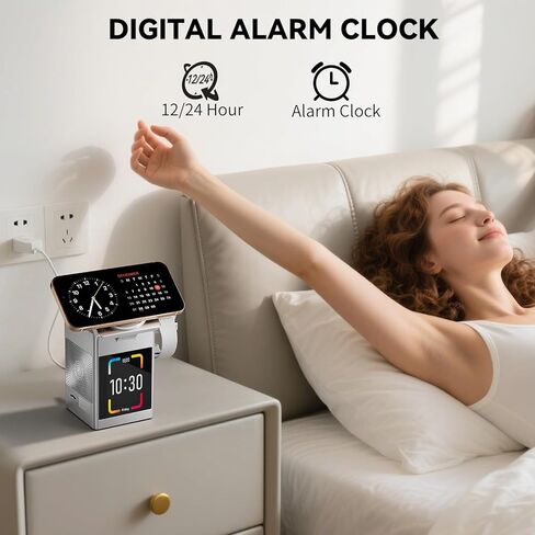 محطة شحن لاسلكية 3 في 1 شاشة LCD تعمل باللمس مع مكبر صوت بلوتوث 5.3، ساعة منبه رقمية، شاحن Qi MagSafe لأجهزة iPhone iWatch AirPods، محول 20 وات، مناسب للمنزل والمكتب والسفر، فضي in Kuwait