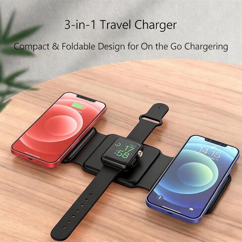 Charging Station for Apple Multiple Devices - 3 in 1 Foldable Magnetic Wireless Charger Dock - Travel Charging Pad for iPhone 16 15 14 13 12 Pro Max Plus Watch & Airpods, Black in Saudi Arabia