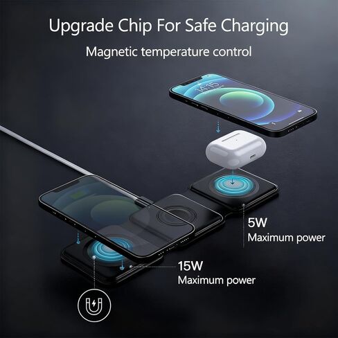 Charging Station for Apple Multiple Devices - 3 in 1 Foldable Magnetic Wireless Charger Dock - Travel Charging Pad for iPhone 16 15 14 13 12 Pro Max Plus Watch & Airpods, Black in Saudi Arabia