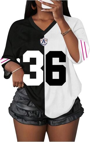 WDIRARA Women's Jersey Shirts Number Color Block Tee Graphic V Neck Half Sleeve Oversized Tops in Saudi Arabia