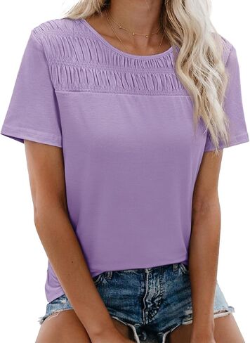 siliteelon Womens Casual Blouses Short Sleeve Smocked Tshirts Dressy Business Work 2026 Trendy Summer Crewneck Tops in Saudi Arabia