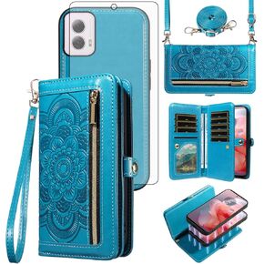 حافظة هاتف Asuwish لهاتف Motorola Moto G Power 5G 2024 محفظة بسحاب غطاء خلوي مغناطيسي قابل للفصل مع واقي شاشة من الزجاج المقسى وحزام حبل حول الجسم وحامل بطاقات زهرة ماندالا G5 نسائي أزرق in Kuwait