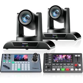 Tenveo PTZ Camera Bundle/Kits - 20X AI Auto-Tracking PTZ Camera(2pcs) with HDMI/USB3.0/LAN(PoE), NDI PTZ Joystick Controller and 4K HDMI + SDI Video Switcher Mixer for Church Worship Live Streaming in Kuwait