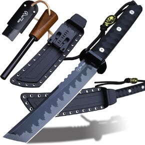 BA-KOR 15.8in Full Tang Japanese Style Outdoor Knife –8mm DC53 Steel, Nylon Fiber Handle &Sheath, Hunting Survival Knife+(5.9in) cerium igniter (Black handle and black blade (8mm)) in Kuwait