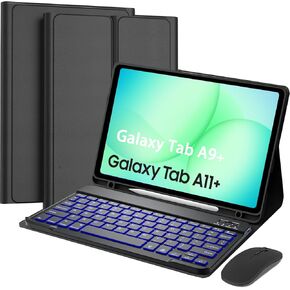 حافظة لوحة مفاتيح قابلة للفصل مع ماوس لجهاز Samsung Galaxy Tab A11+ 2025/ A9+ 2023 مقاس 11 بوصة، غطاء لوحة مفاتيح مغناطيسي بإضاءة خلفية 7 ألوان لهاتف Samsung A11 Plus/A9 Plus 11 بوصة مع حامل قلم، زوايا متعددة، أسود in Kuwait