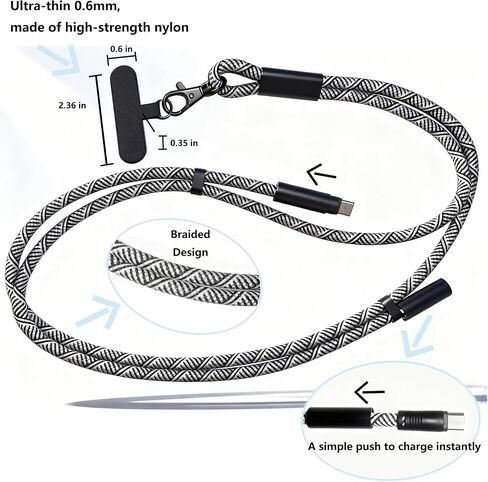 حبل كابل شحن، حبل هاتف مدمج قابل للتعديل، كابل شحن مدمج، كابل USB C بقدرة 60 وات لهاتف iPhone 17 - حزام رقبة وكتف للهاتف مع نقل البيانات، حزام هاتف على شكل سلسلة سفر مع بطاقة حزام in Kuwait