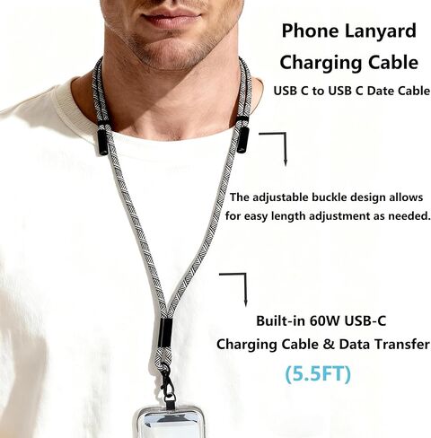 حبل كابل شحن، حبل هاتف مدمج قابل للتعديل، كابل شحن مدمج، كابل USB C بقدرة 60 وات لهاتف iPhone 17 - حزام رقبة وكتف للهاتف مع نقل البيانات، حزام هاتف على شكل سلسلة سفر مع بطاقة حزام in Kuwait