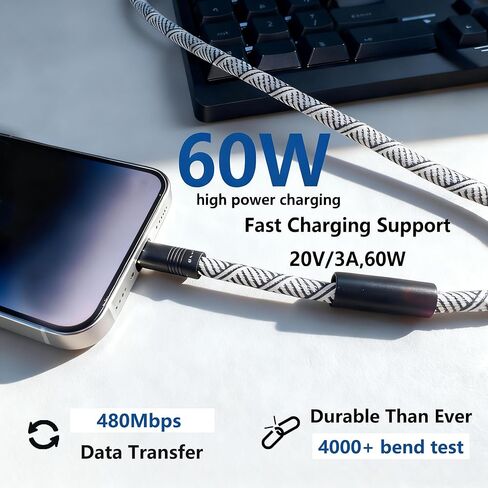 حبل كابل شحن، حبل هاتف مدمج قابل للتعديل، كابل شحن مدمج، كابل USB C بقدرة 60 وات لهاتف iPhone 17 - حزام رقبة وكتف للهاتف مع نقل البيانات، حزام هاتف على شكل سلسلة سفر مع بطاقة حزام in Kuwait
