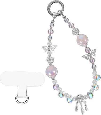 Crystal Phone Wrist Strap for Women, Beaded Wrist Strap Chain Lanyard Keychain for Cellphone Sparkling Phone Charm with Tether Tab Hands-Free Wristlet Bracelet Straps Pink in Saudi Arabia