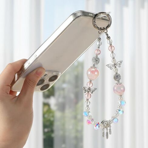 Crystal Phone Wrist Strap for Women, Beaded Wrist Strap Chain Lanyard Keychain for Cellphone Sparkling Phone Charm with Tether Tab Hands-Free Wristlet Bracelet Straps Pink in Saudi Arabia