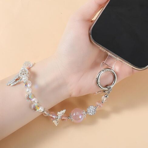 Crystal Phone Wrist Strap for Women, Beaded Wrist Strap Chain Lanyard Keychain for Cellphone Sparkling Phone Charm with Tether Tab Hands-Free Wristlet Bracelet Straps Pink in Saudi Arabia