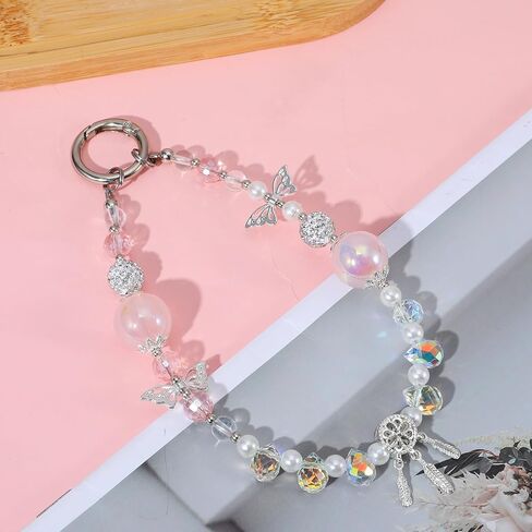 Crystal Phone Wrist Strap for Women, Beaded Wrist Strap Chain Lanyard Keychain for Cellphone Sparkling Phone Charm with Tether Tab Hands-Free Wristlet Bracelet Straps Pink in Saudi Arabia