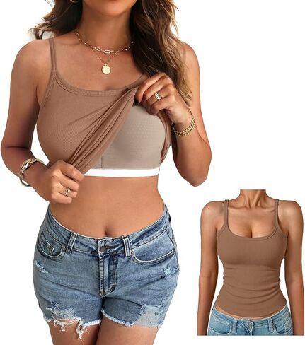 Women Built in Bra Tank Top Form Fitting Scoop Neck Ribbed Basic Padded Cami Shirts in Kuwait
