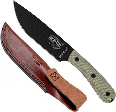 سكين بقاء بشفرة ثابتة ESEE-6HM، فولاذ كربوني 1095، مقبض دائري معدل، صنع في الولايات المتحدة الأمريكية (غمد من الجلد البني (اليد اليمنى)) in Kuwait