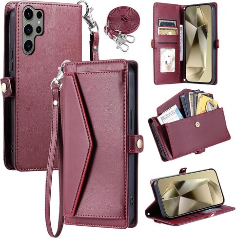 Wallet Case for Samsung Galaxy S23 Ultra 5G with Wrist Strap Card Holder Shockproof Soft PU Leather Magnetic Snap Pocket Stand Cell Phone Cover S23Ultra 23S S 23 23Ultra 6.8inch Women Black in Saudi Arabia