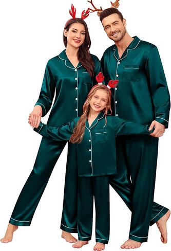 SWOMOG Family Matching Pajamas Set Satin Long Sleeve Button Down 2 PCS Pjs Pajama Top & Pants Holiday Sleepwear Set in Saudi Arabia
