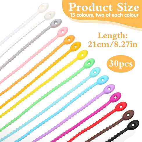 30 Pack Silicone Zip Ties, 8.2 Inch Colorful Tie Clips Rubber Reusable Twist Ties Cable Strap for Home Office Kitchen Cord Organizer Food Bag Sealing Tie in Saudi Arabia