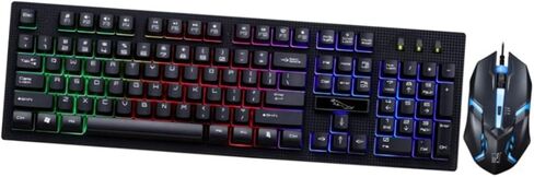 طقم لوحة مفاتيح وماوس سلكي USB مضيء للألعاب من HOMSFOU، مريح، ميكانيكي أنيق، لون أسود، مواد متينة مقاومة للاهتراء للاستخدام المكتبي والألعاب in Saudi Arabia
