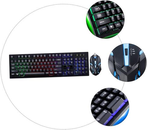 طقم لوحة مفاتيح وماوس سلكي USB مضيء للألعاب من HOMSFOU، مريح، ميكانيكي أنيق، لون أسود، مواد متينة مقاومة للاهتراء للاستخدام المكتبي والألعاب in Saudi Arabia