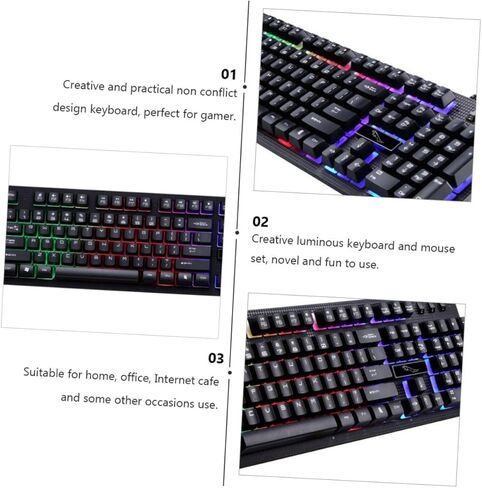 طقم لوحة مفاتيح وماوس سلكي USB مضيء للألعاب من HOMSFOU، مريح، ميكانيكي أنيق، لون أسود، مواد متينة مقاومة للاهتراء للاستخدام المكتبي والألعاب in Saudi Arabia