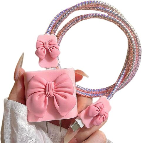 Cute Cable Protector for iPhone Charger Cover,3D Cherry Blossoms Flowers Charger Cord Protector for Women Girl,Charger Accessories Phone Cord Protector for iPhone8 11 12 13 14 15 16 Plus Pro Max-Pink in Saudi Arabia