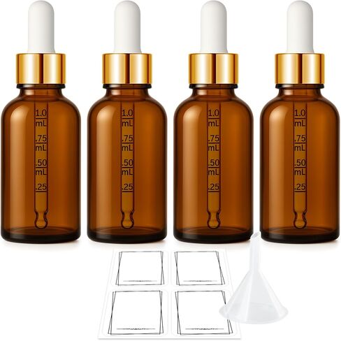 زجاجة قطارة بوموموم، زجاجة قطارة زجاجية كهرمانية سعة 118 مل مع قطارة زجاجية مقاسة، زجاجات صبغة العين الفارغة مع قمع وماصة وملصقات لأمصال زيوت الشعر الأساسية، 4 عبوات in Kuwait