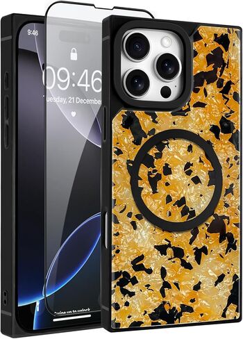 AIGOMARA Magnetic Rectangle for iPhone 16 Pro Max Case, Compatible with Magsafe Retro Amber Tortoiseshell for Women Girls Glossy Glitter Protective Phone Case with Screen Protector, Brown in Saudi Arabia