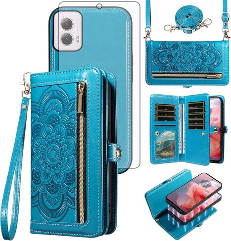 حافظة هاتف Asuwish لهاتف Motorola Moto G Power 5G 2024 محفظة بسحاب غطاء خلوي مغناطيسي قابل للفصل مع واقي شاشة من الزجاج المقسى وحزام حبل حول الجسم وحامل بطاقات زهرة ماندالا G5 نسائي أزرق in Kuwait