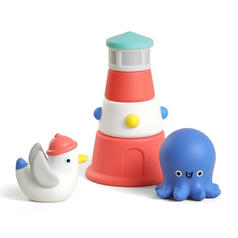 Itzy Ritzy Stack & Squirt Bath Toy Set - Includes Stackable Lighthouse & Water-Squirting Seagull and Octopus (Nautical) in Saudi Arabia