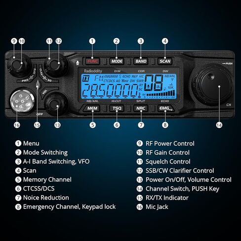 Radioddity QT80 راديو بطول 10 أمتار، راديو هام للهواة عالي الطاقة 80 وات، جهاز إرسال واستقبال متنقل SSB/AM/FM/PA مع تقليل الضوضاء RX وTX، ASQ، تنبيه عالي SWR ومكبر صوت صغير خارجي RS58 5W in Kuwait