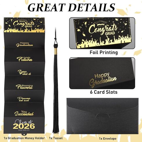 2025 Graduation Money Cards with Envelope, Graduation Gift Card Money Holder 2025, Graduation Money Holder for Cash for College High School Graduation Party (Black Gold) in Saudi Arabia