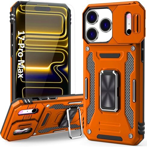 Orange Case Compatible with iPhone 17 Pro Max with Camera Protection & Stand, with Screen Protector, Military-Grade Drop Shockproof Protection Cover, for i Phone 17 Pro Max in Saudi Arabia