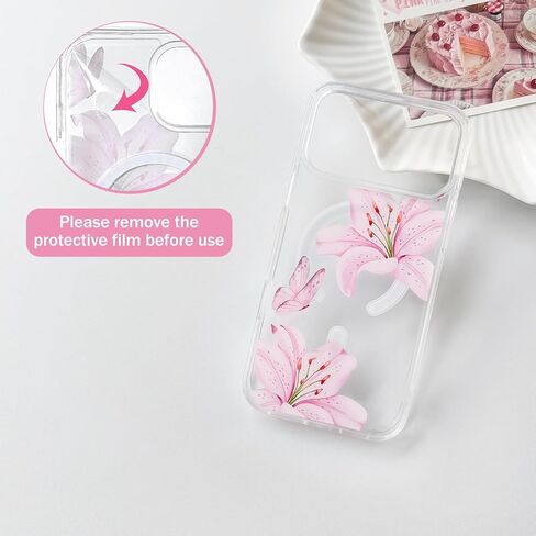 NITITOP Compatible for iPhone 17 Pro Max Case Clear Magnetic Compatible with MagSafe Cute Lily Flowers Floral for Women Girls Hard PC Back Shockproof Protective Phone Cover - Pink in Saudi Arabia