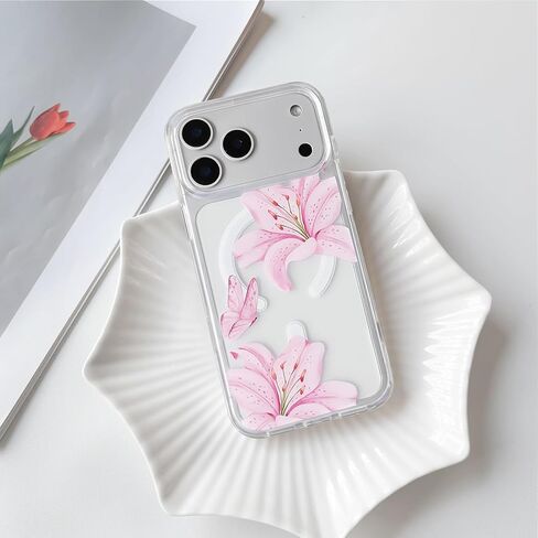 NITITOP Compatible for iPhone 17 Pro Max Case Clear Magnetic Compatible with MagSafe Cute Lily Flowers Floral for Women Girls Hard PC Back Shockproof Protective Phone Cover - Pink in Saudi Arabia