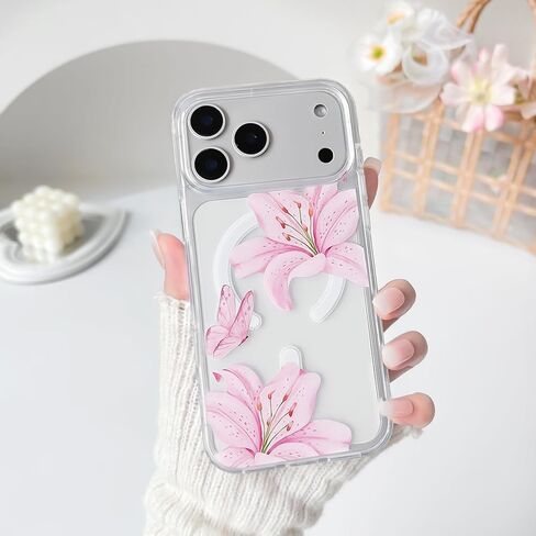 NITITOP Compatible for iPhone 17 Pro Max Case Clear Magnetic Compatible with MagSafe Cute Lily Flowers Floral for Women Girls Hard PC Back Shockproof Protective Phone Cover - Pink in Saudi Arabia